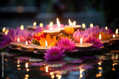 Loy Krathong Festival: Presenting colorful Krathongs. Decorated with flowers, incense sticks and candles, floating in water, symbolizing forgiveness from sin. photo