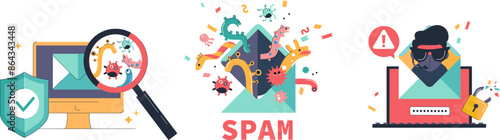 Colorful Cyber Fraud Concept - Flat Vector Design for Informational Posters and Online Security Guides. Vibrant Cybersecurity Threats Illustration. Cartoon design