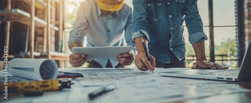 Two Construction Workers Reviewing Blueprints and Using a Laptop