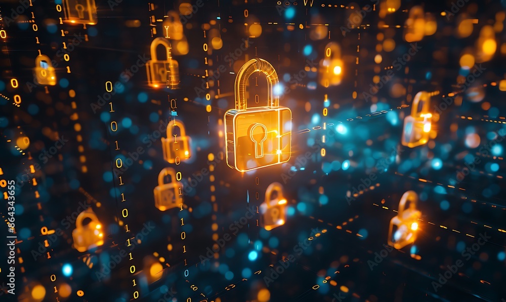 Stylized padlocks and encrypted data streams flowing through a digital matrix Stylized padlocks and encrypted data streams flowing through a digital matrix