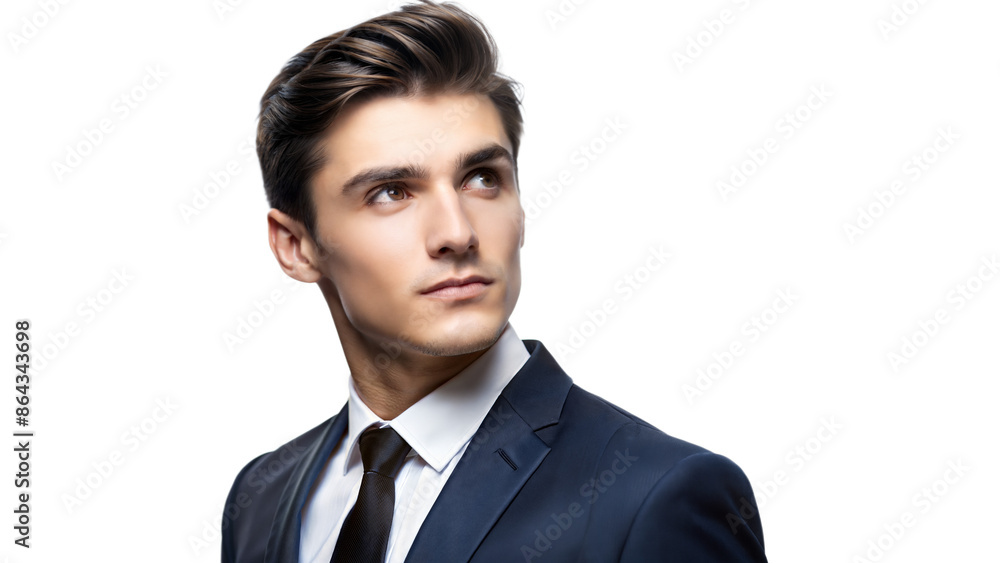 Confident young man in suit looking thoughtful on transparent background Confident young man in suit looking thoughtful on transparent background