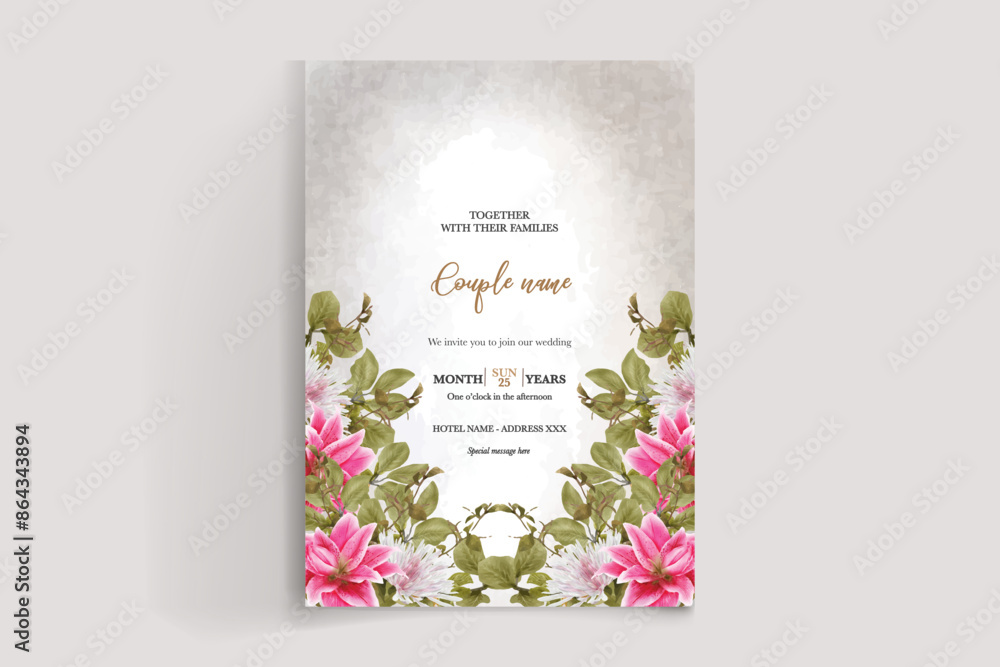 WEDDING INVITATION FRAME WITH FLOWER DECORATIONS AND FRESH LEAVES WEDDING INVITATION FRAME WITH FLOWER DECORATIONS AND FRESH LEAVES