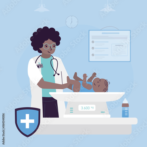 Cute child lies on scales for weighing babies. African american pediatrician weighs newborn baby on scales. Weight scale for infant, digital scales measure weight