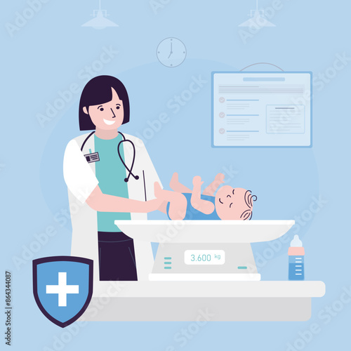 Cute child lies on the scales for weighing babies. Pediatrician weighs newborn baby on scales. Weight scale for infant, digital scales measure weight