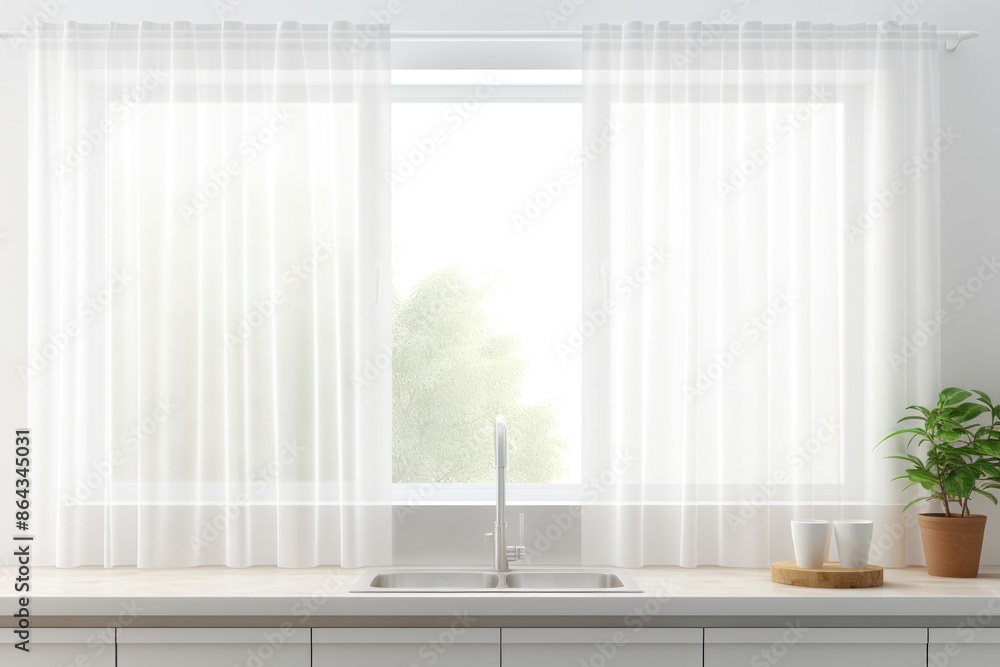 Fototapeta premium Simple yet stylish white sheer curtains, providing privacy while allowing ample natural light to illuminate a modern kitchen. Isolated on white background.