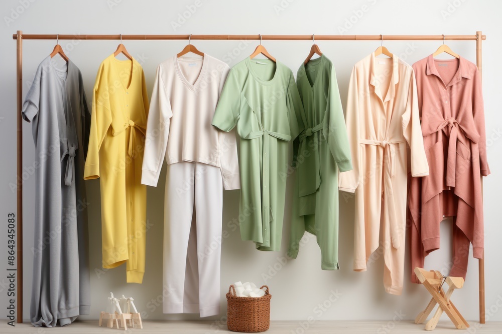 Soft and comfortable spa pajamas arranged in order On a white background, show off the texture, color and design. Focus on details of shirts, pants, shoes, and shawls. Soft and comfortable spa pajamas arranged in order On a white background, show off the texture, color and design. Focus on details of shirts, pants, shoes, and shawls.