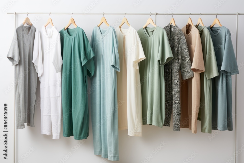 Soft and comfortable spa pajamas arranged in order On a white background, show off the texture, color and design. Focus on details of shirts, pants, shoes, and shawls.
