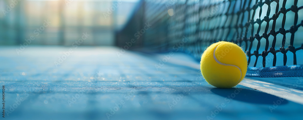 Blue sport field with a Yellow ball paddle outdoors. paddle tennis is a racquet game