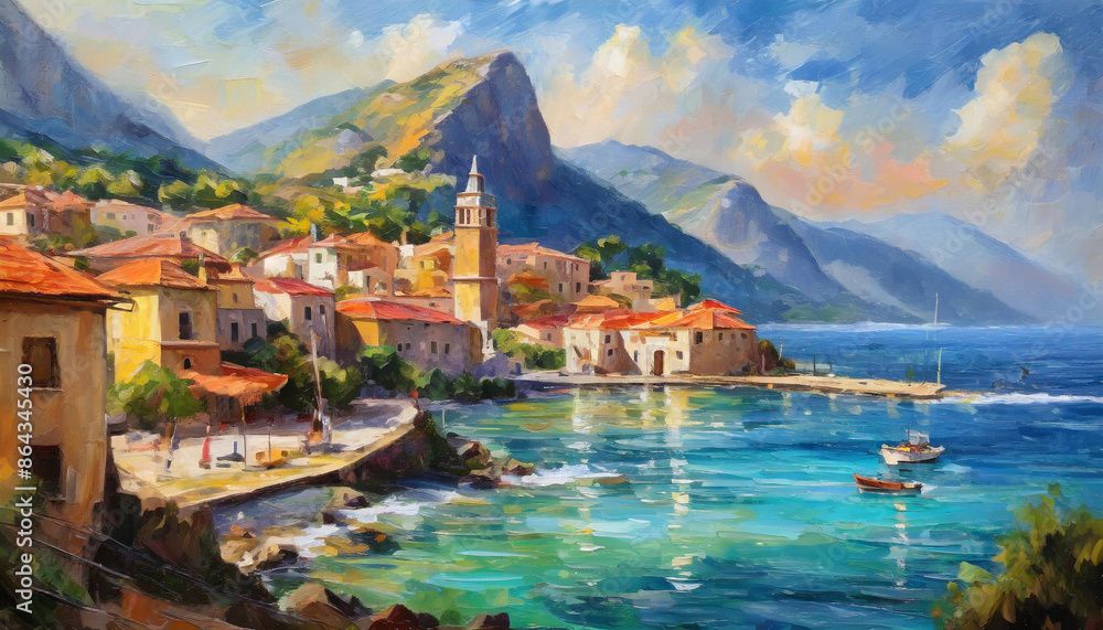Fototapeta premium oil painting of a small town by the sea and ocean with the shore, big beautiful mountains, summer holidays holidays sun
