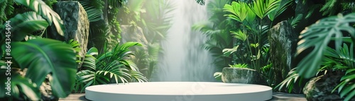 Empty white display stage in lush green tropical jungle with sunlight and mist, perfect for nature background or product presentation.