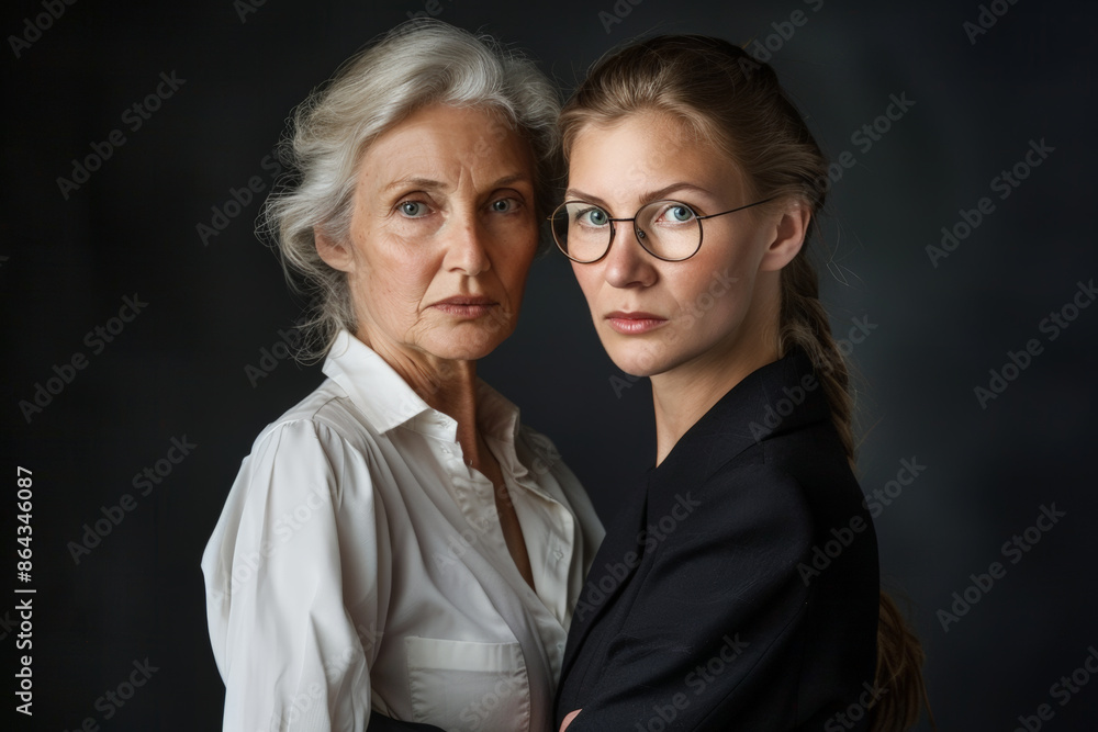Head and shoulders portrait of mother and daughter looking at camera against dark background in studio, closeup. Head and shoulders portrait of mother and daughter looking at camera against dark background in studio, closeup.