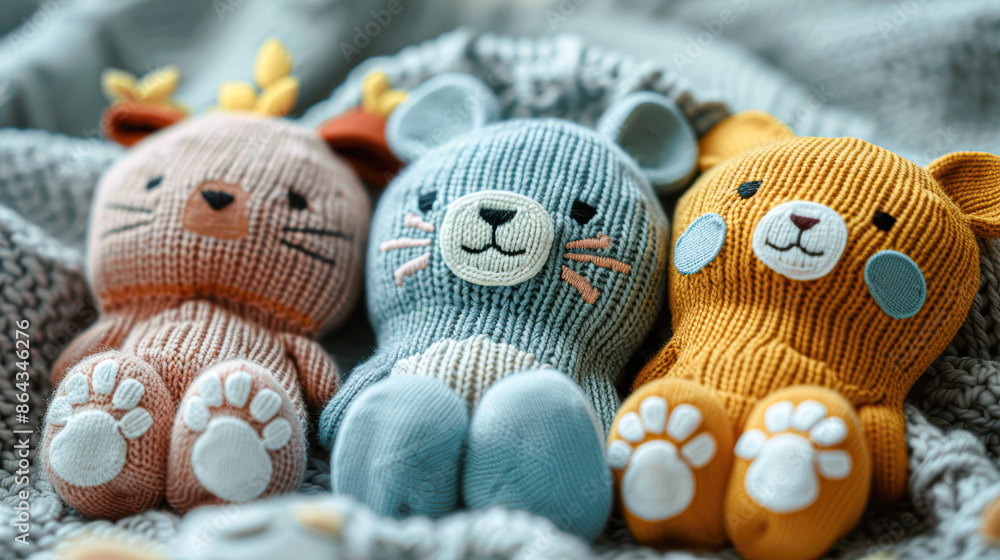 Three stuffed animals, two of which are bears, are sitting on a blanket Three stuffed animals, two of which are bears, are sitting on a blanket