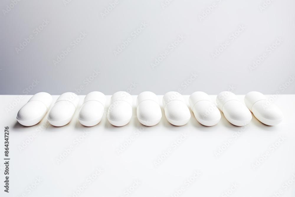 white pain pills arranged in a row on a white background Show health problems. white pain pills arranged in a row on a white background Show health problems.