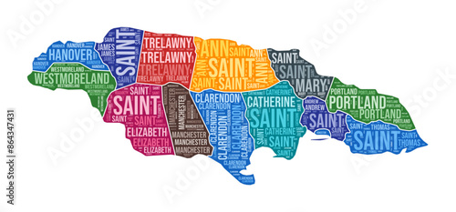 Jamaica shape. Country word cloud with region division. Jamaica colored illustration. Region names cloud. Vector illustration.