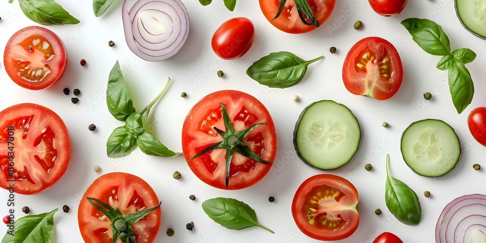 Flat Lay Food Pattern Tomato, Onion, Cucumber, and Basil on White Background. Concept Food Photography, Flat Lay Composition, Ingredient Pattern, Fresh Vegetables, White Background Flat Lay Food Pattern Tomato, Onion, Cucumber, and Basil on White Background. Concept Food Photography, Flat Lay Composition, Ingredient Pattern, Fresh Vegetables, White Background