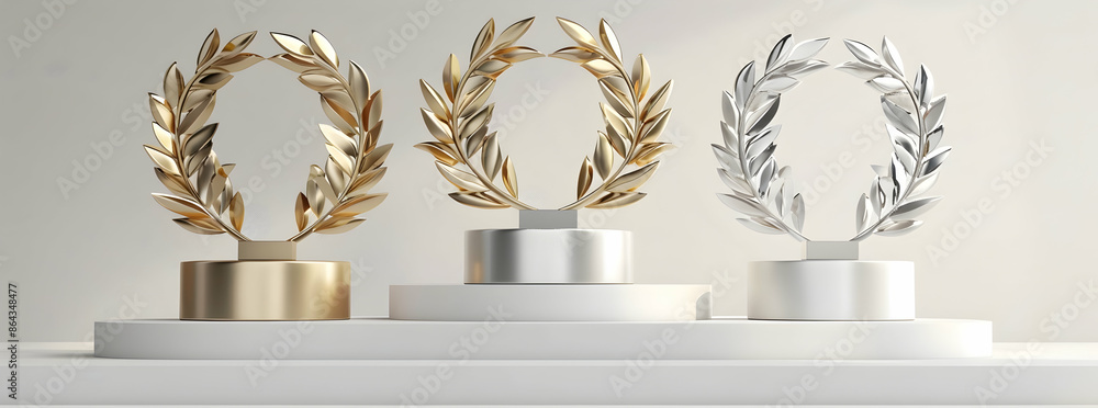 Gold and silver laurel wreath on podium pedestal, white background ...