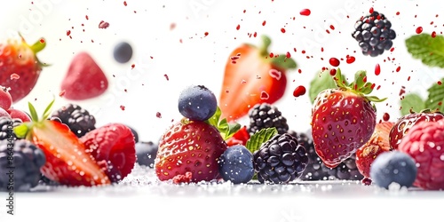 Fototapeta Naklejka Na Ścianę i Meble -  Berries and fruits falling on white background with clipping path. Concept Food Photography, Berries, Fruits, Falling, White Background, Clipping Path
