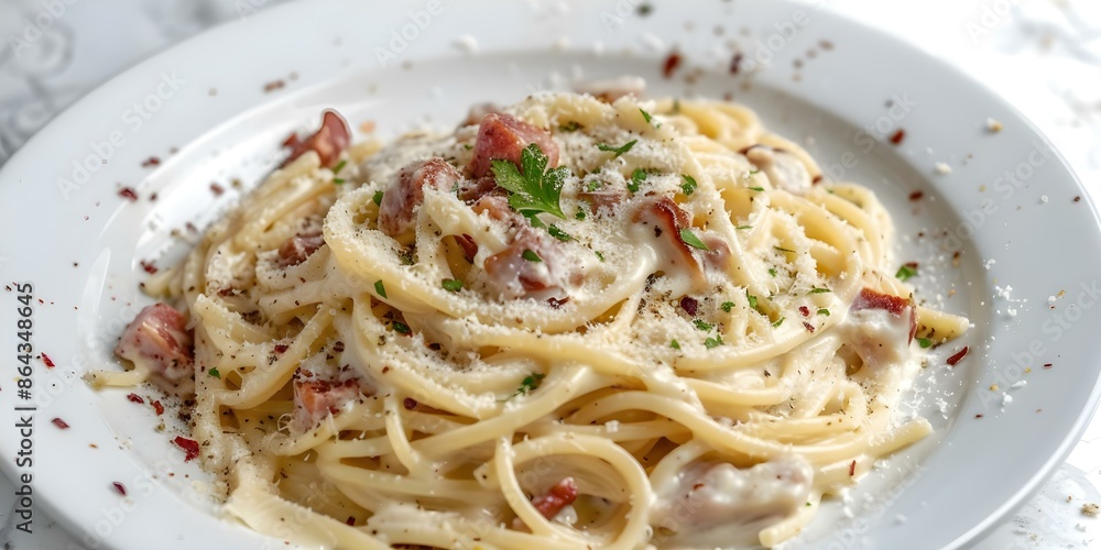 Italian Spaghetti Carbonara with Creamy Sauce A Close-Up Shot. Concept Food Photography, Italian Cuisine, Spaghetti Carbonara, Creamy Sauce, Close-Up Shot Italian Spaghetti Carbonara with Creamy Sauce A Close-Up Shot. Concept Food Photography, Italian Cuisine, Spaghetti Carbonara, Creamy Sauce, Close-Up Shot