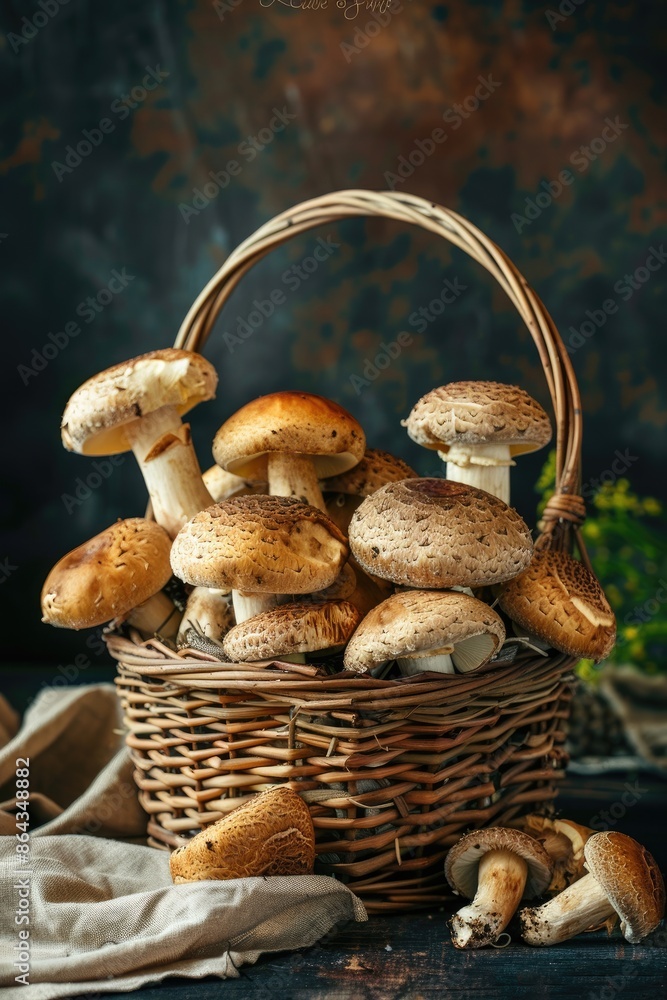 Mushrooms in the wicker basket on the background of nature. Selective focus Mushrooms in the wicker basket on the background of nature. Selective focus