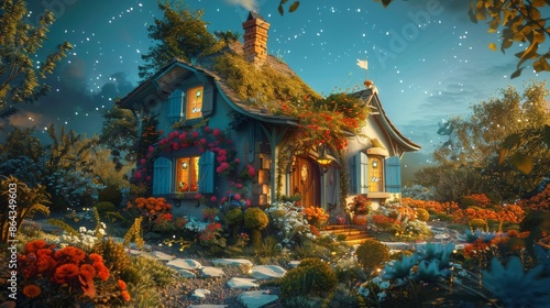 Illustration of A whimsical house with a crooked chimney,  vibrant shutters,  and a twinkling garden path © basketman23