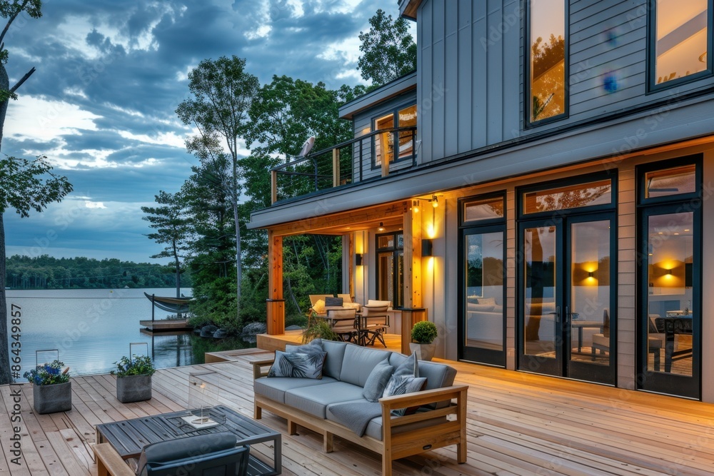 modern farmhouse style home on lake, wooden deck with large windows and ...