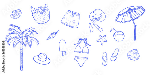 Travel destination collection. Set of hand drawn summer vacation with luggage, ice cream, swimsuits, and beach umbrellas. Blue line illustration. Design for tourism sticker and packing list.
