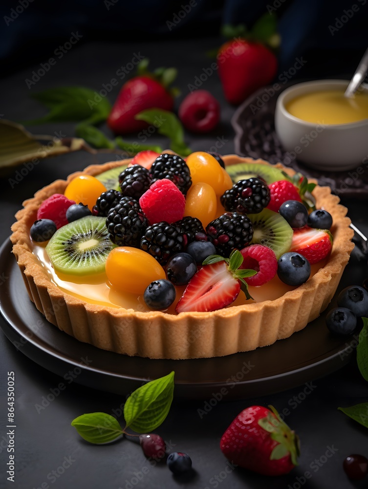 Vibrant Mixed Fruit Tart with Kiwi, Berries, and Peach Glaze. Vibrant Mixed Fruit Tart with Kiwi, Berries, and Peach Glaze.