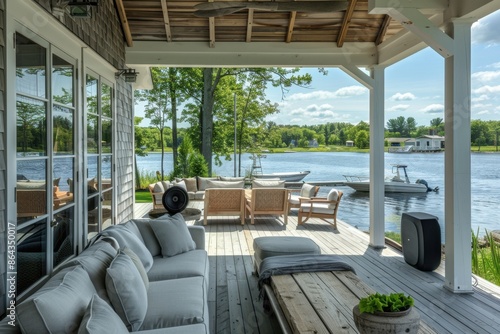 A photo of the front porch with a seating area and kitchen, on an island house in New England overlooking a classic wooden boat dock and water view Generative AI © SKIMP Art