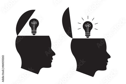 open minded character set with head shape lightbulb. idea concept use in business, Think outside the box, light bulb in a head, New idea, brainstorming, solution