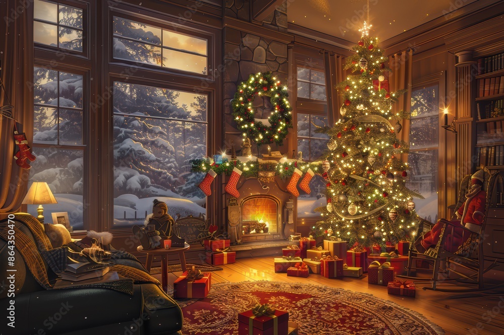 Cozy Christmas Eve. Warm fireplace, glowing Christmas tree, and presents in a snow-covered house. Perfect for holiday cards, backgrounds, and festive designs. Cozy Christmas Eve. Warm fireplace, glowing Christmas tree, and presents in a snow-covered house. Perfect for holiday cards, backgrounds, and festive designs.