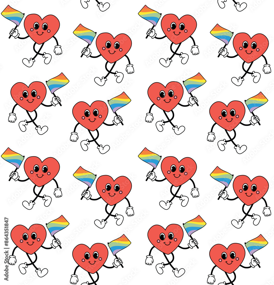 Vector seamless pattern of groovy retro cartoon heart with lgbtq flag isolated on white background Vector seamless pattern of groovy retro cartoon heart with lgbtq flag isolated on white background
