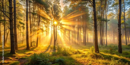 Sunrise in the forest scene with misty trees and golden light streaming through branches, sunrise, forest, morning