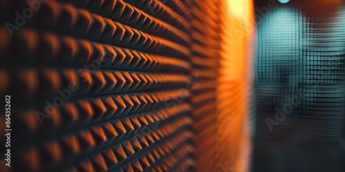 Soundproof foam panels in recording studio for podcast with blurred background - Enhancing the Acoustic Environment. Concept Soundproofing, Foam Panels, Recording Studio, Podcast
