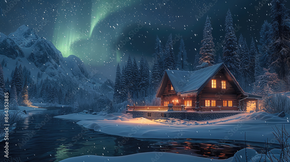 Fototapeta premium A log cabin in the snow, with an aurora borealis lighting up the night sky above it. Generative AI.