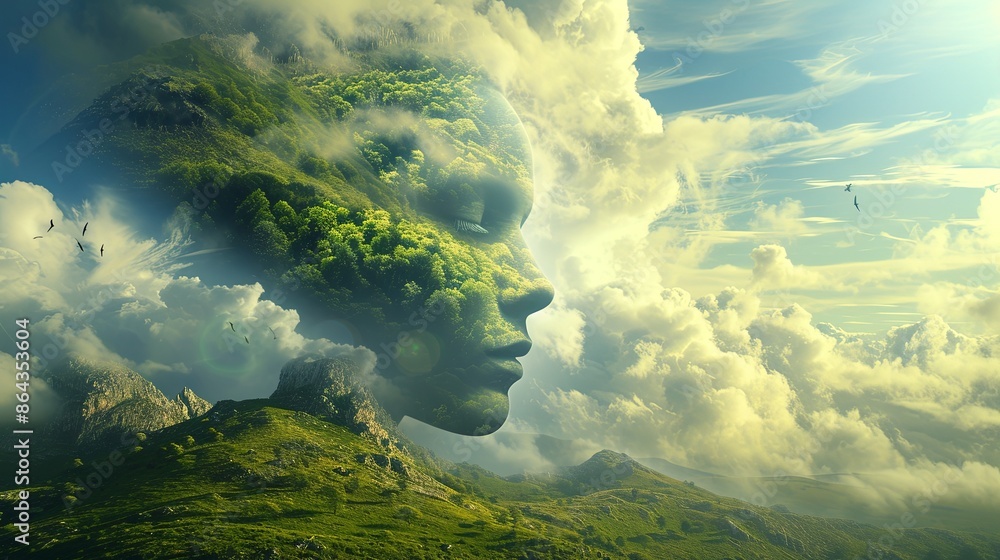 Fototapeta premium Double exposure combines a woman's face, high mountains and forest. Panoramic view. The concept of the unity of nature and man. Dream, reminisce or plan a climb. Memory of a mountaineer. Illustration.