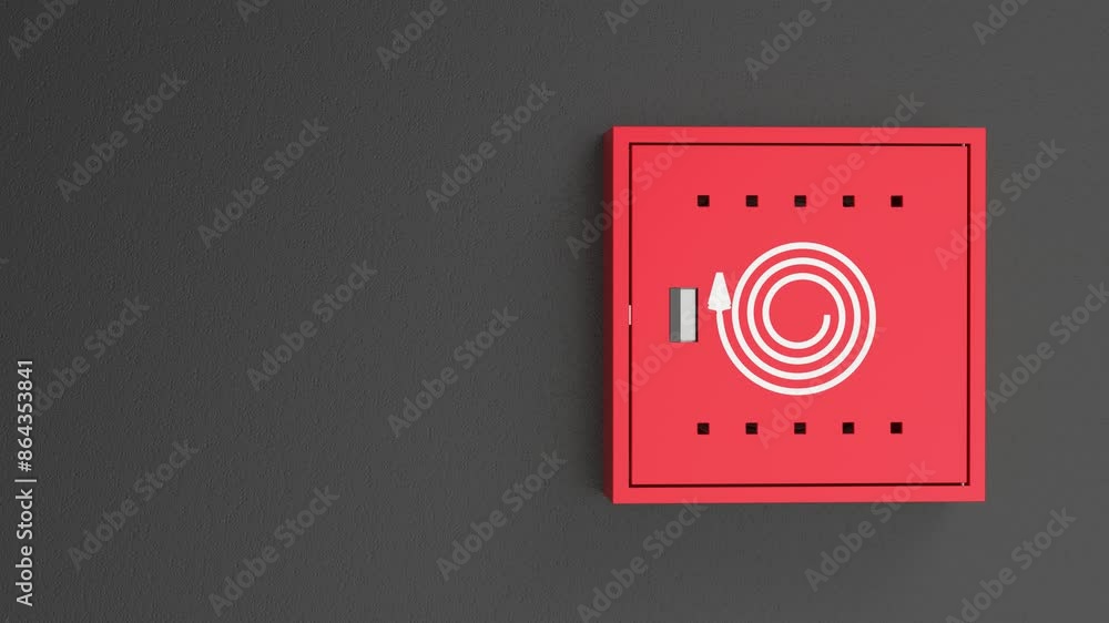 Fire hose reel cabinet on a dark grey wall Fire hose reel cabinet on a dark grey wall