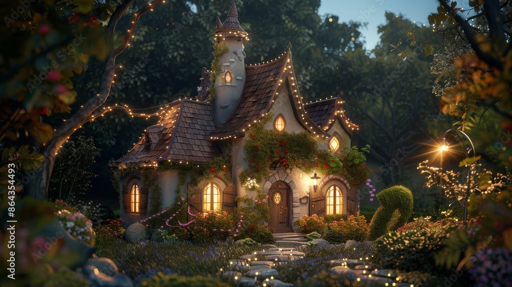 Illustration of A whimsical house with a crooked chimney, vibrant shutters, and a twinkling garden path Illustration of A whimsical house with a crooked chimney, vibrant shutters, and a twinkling garden path