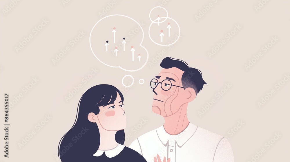 Young Woman Looking At Man With Upward Trend Thought Bubble Young Woman Looking At Man With Upward Trend Thought Bubble