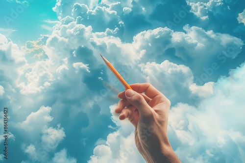 A human hand holding a pencil, floating in a dreamy, cloudfilled sky with a blurry backdrop photo