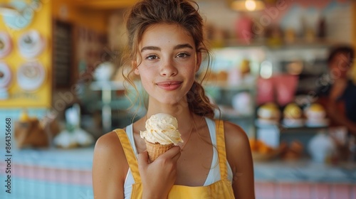 A cheerful young girl with freckles, dressed in a yellow apron, indulges in a yellow ice cream cone, capturing moments of joy, playfulness, and youthful delight in an ice cream shop.