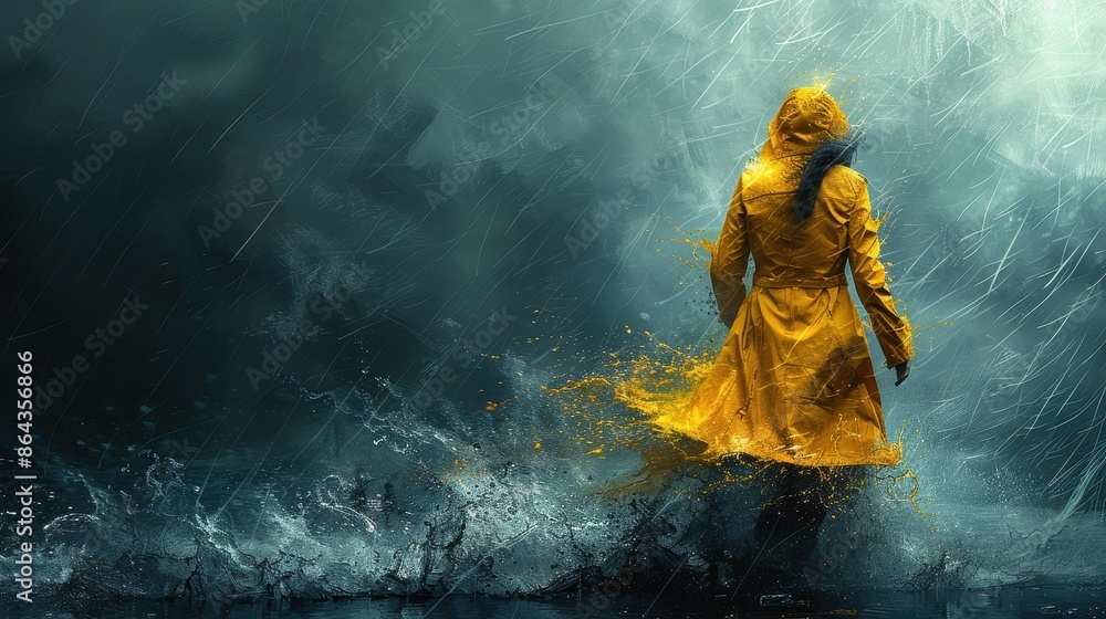 A person in a yellow raincoat walks alone against the stormy weather, signifying resilience and determination in facing adverse conditions, with water splashing dramatically around. A person in a yellow raincoat walks alone against the stormy weather, signifying resilience and determination in facing adverse conditions, with water splashing dramatically around.