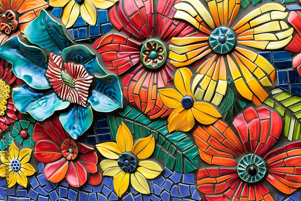 A vibrant ceramic mosaic showcasing a burst of abstract flowers A vibrant ceramic mosaic showcasing a burst of abstract flowers