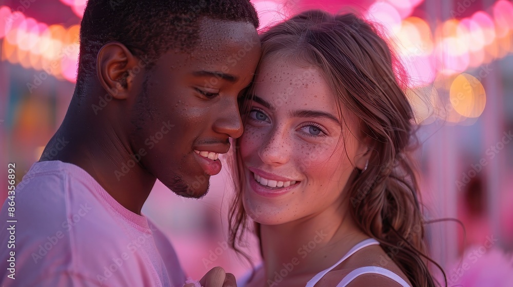 A happy couple snuggled together, smiling widely while standing under vibrant pink carnival lights, evoking feelings of love and joy in a whimsical fairground atmosphere. A happy couple snuggled together, smiling widely while standing under vibrant pink carnival lights, evoking feelings of love and joy in a whimsical fairground atmosphere.