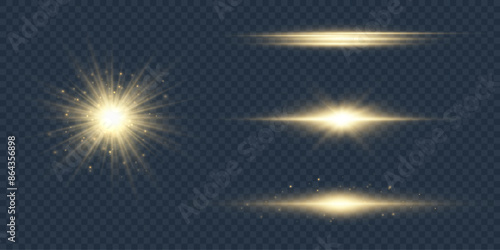 Set of light effects golden glowing light isolated on transparent background. Solar flare with rays and glare. Glow effect. Starburst with shimmering sparkles.	
