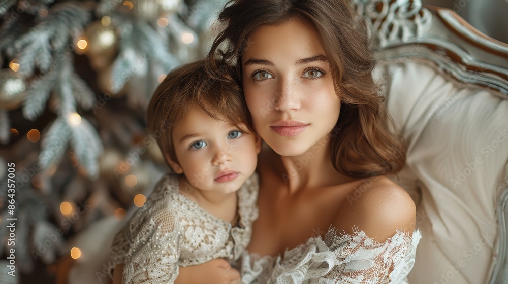 A tender moment captured between a mother and her child in front of a beautifully decorated Christmas tree, embodying warmth, love, and the magic of the holiday season. A tender moment captured between a mother and her child in front of a beautifully decorated Christmas tree, embodying warmth, love, and the magic of the holiday season.