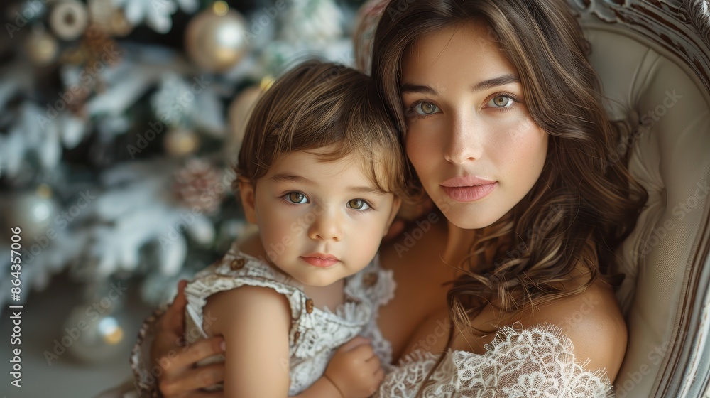Obraz premium A mother and child sharing a loving gaze while sitting in front of a festive Christmas tree, capturing the essence of familial love, warmth, and the joy of the holiday season.