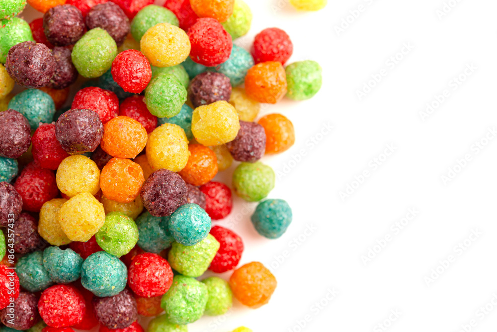 Rainbow Colored Ball Fruit Flavored Breakfast Cereal Isolated on a White Background
