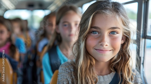 A young girl with blonde hair and freckles smiles while seated on the school bus with her friends. The scene captures a moment of youthful joy and camaraderie.
