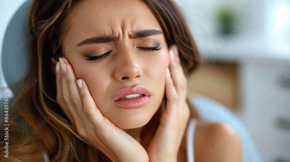 Portrait of a woman in distress, both hands on her cheeks, eyes shut tight, and brows furrowed, depicting physical or emotional pain in a close-up shot. Portrait of a woman in distress, both hands on her cheeks, eyes shut tight, and brows furrowed, depicting physical or emotional pain in a close-up shot.