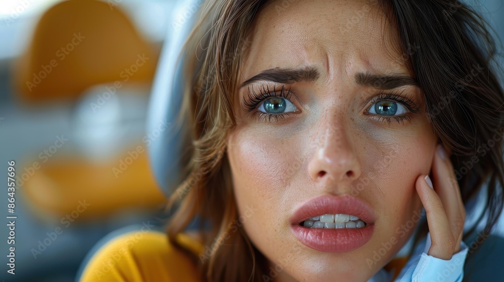 Fototapeta premium A close-up of a woman looking worried and holding her cheek, hinting at pain or discomfort. The detailed expression in her eyes and face adds a dramatic element.